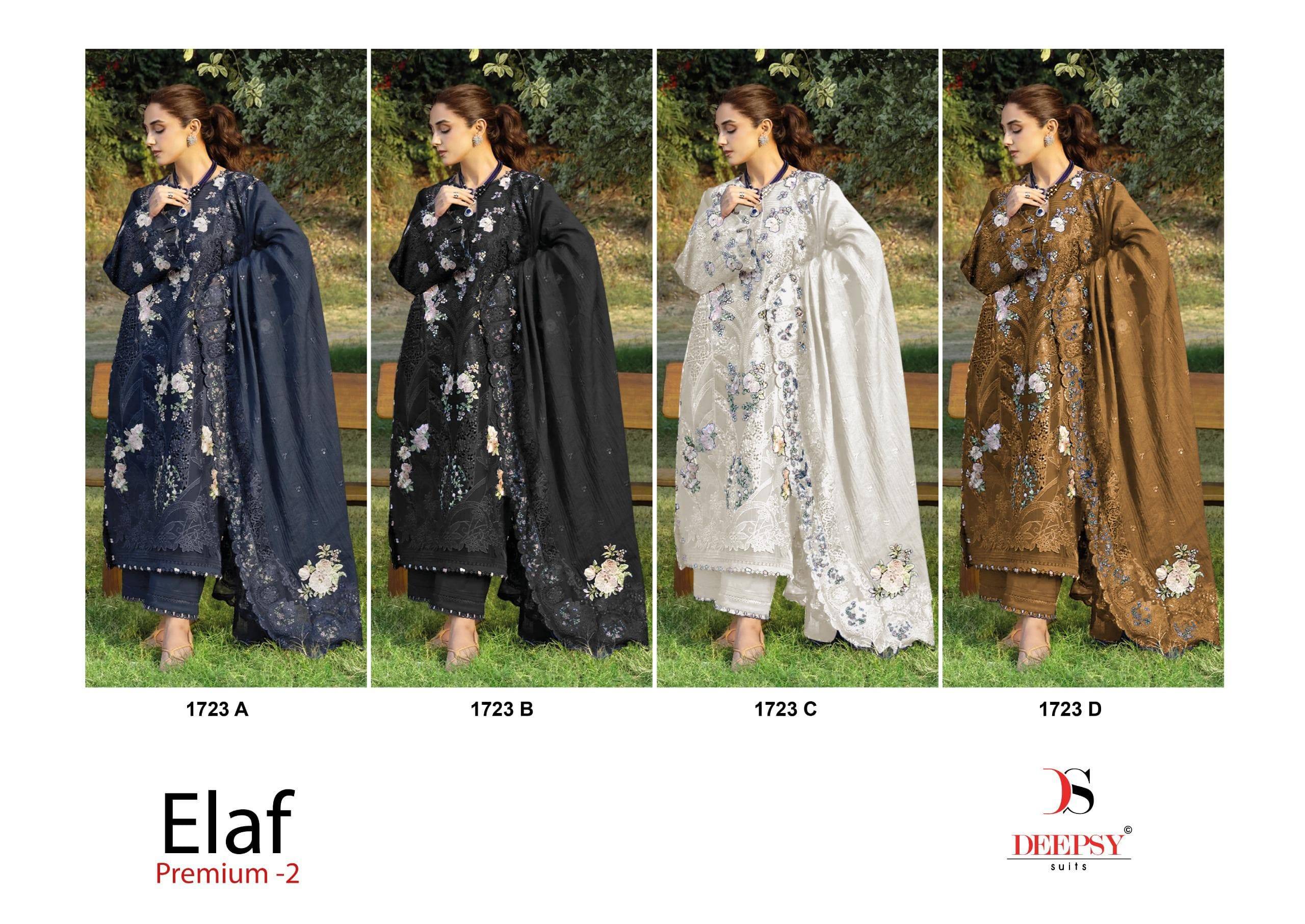 ELAF Premium-3 Luxury Lawn COLORS by DEEPSY SUITS 1723 A TO 1723 D Series Pakistani Stylish Beautiful Colourful Printed & Embroidered Party Wear & Occasional Wear Pure Cotton Dresses At Wholesale Price
